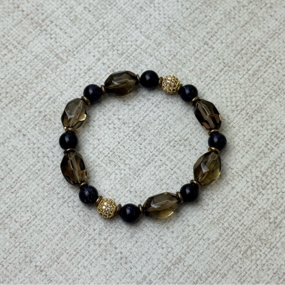 Blue Goldstone Smoky Quartz Beaded Stretch Bracelet